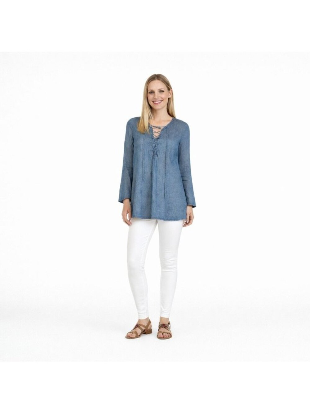 ZARA Denim Tunic Top Small With Lace-Up Front Long Sleeves